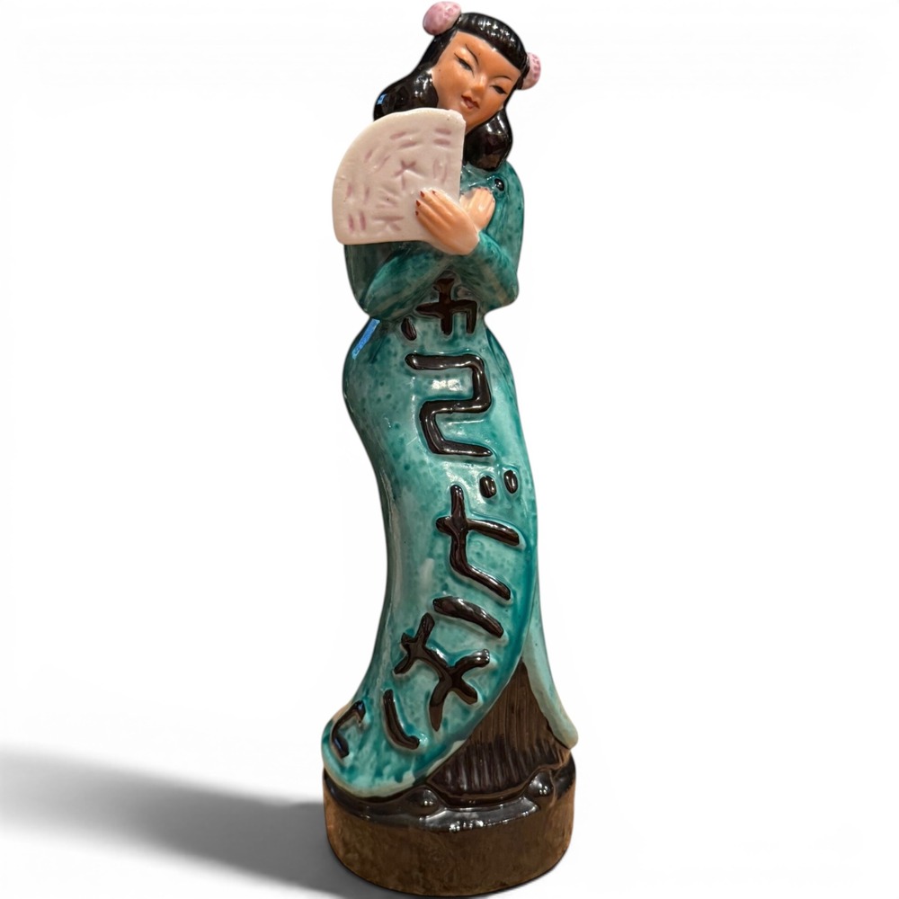 Geisha Figurine Ceramic 1950s Green 10” Vintage Japanese Home Decor Sculpture